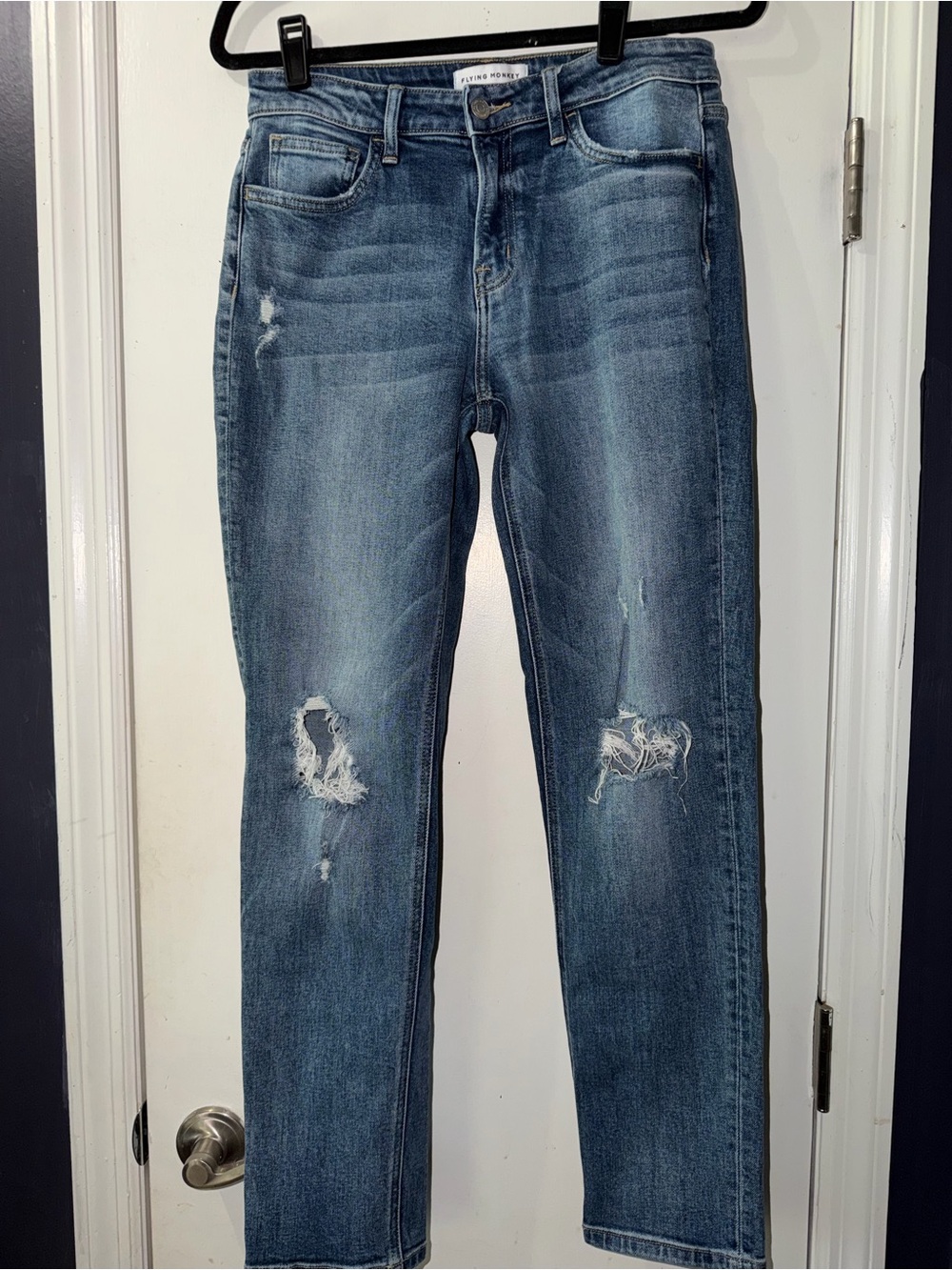 Flying Monkey Mid Wash Straight Leg Jeans with Knee Distress